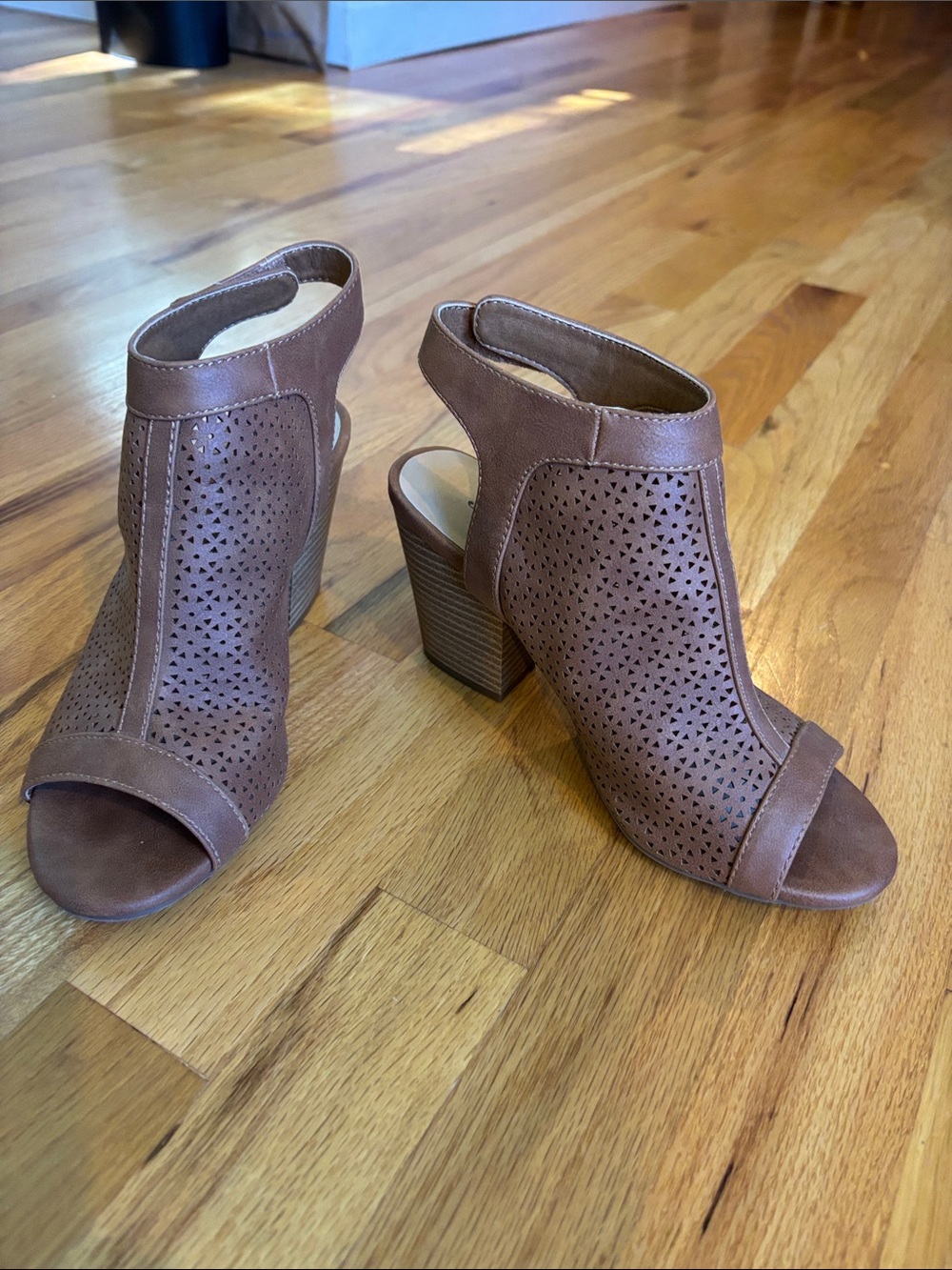JustFab Brown Perforated Open-Toe Block Heel Sandals